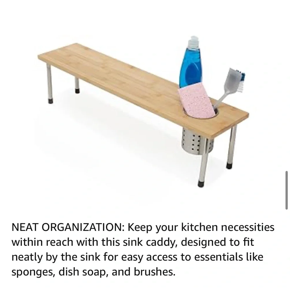 New-Bamboo Kitchen Sink Helper Shelf with Removable stainless utensil cubby - Picture 5 of 11